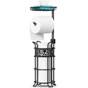 Toilet Paper Holder Stand with Shelf, Free Standing Toilet Paper Roll Dispenser Holds 3 Big Rolls of Jumbo Mega Paper, for RV Bathroom, Floral Pattern, Black