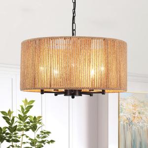 5-Light Boho Rattan Chandelier, 19'' Large Farmhouse Chandeliers Hand Woven Rattan Pendant Light Fixture, Black Wicker Chandelier for Dining Room Foyer Entryway Hallway Bedroom Kitchen Living Room