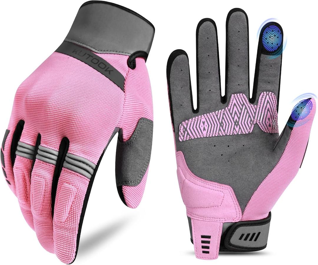 KUTOOK Motorcycle Gloves for Men/Women Breathable Slip Resistant Cycling Hiking Camping Climbing Glove with Touchscreen Fingers (Large, Pink)