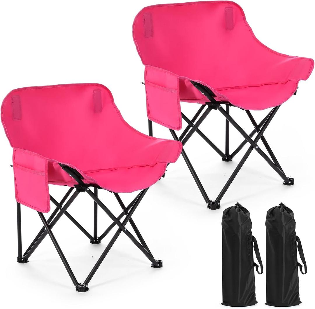 2 Pack Compact Camping Chairs Portable Folding for Outside with Carry Bag Lightweight Moon Chairs for Travel Picnic Hiking Beach Fishing, 600D Oxford, Supports 330lbs(Pink), 27.17 x 17.72 x 17.72 inches