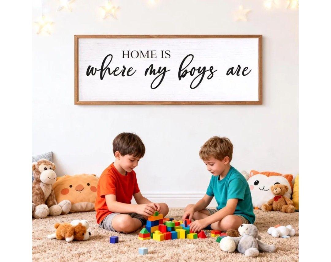 Home Is Where My Boys Are Wall Art: 32 x 12 Inch Rustic Horizontal Framed Sign, Mom of Boys Decor, Boy Room Wall Decor, Wood