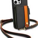 LAMEEKU for iPhone 15 Pro Wallet Case with Card Holder, Zipper Leather Crossbody Case with Kickstand Wrist Strap Lanyard for Women, Protective Cover with Phone Grip Holder Stand 5G 6.1 inch Black