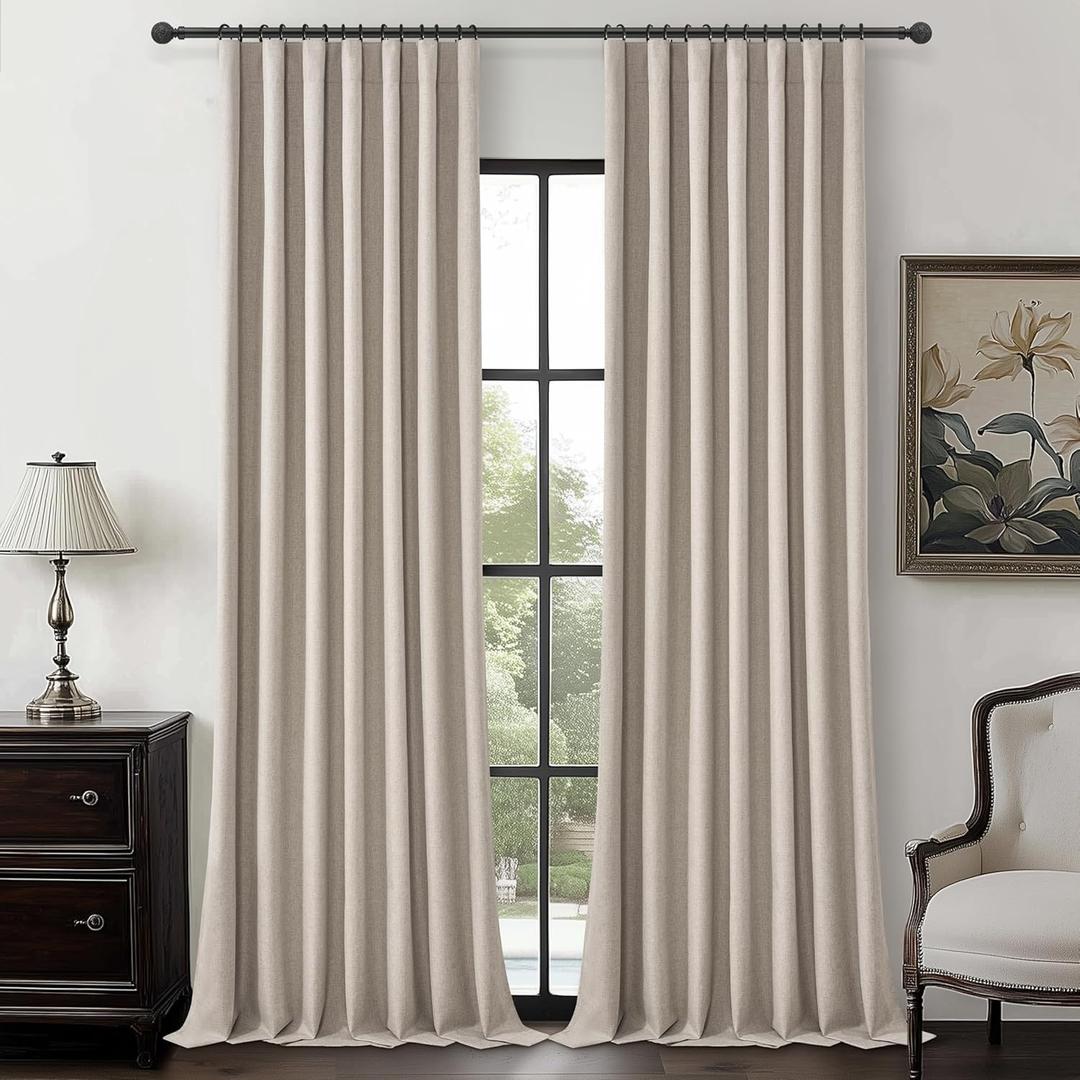 Grayish Flax Linen Blend Black Out Curtains 96 Inch Long for Living Room 2 Panels Set, Elegant Room Darkening Insulated Boho Window Drapes Bedroom Floor to Ceiling Traverse Track Curtain Light Tan