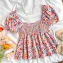 SweatyRocks Girl's Cute Floral Print Short Puff Sleeve Ruffled Blouse Square Neck Ruffle Peplum Tops (Pink)