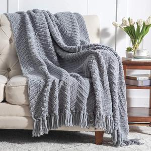 Bedsure Throw Blankets for Couch - Textured Chunky Knit Woven Chenille Blanket - Super Soft, Warm Decorative Boho Throw with Tassels for Bed, Sofa and Living Room Decor, Grey, 60x80 Inches