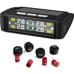 Tire Pressure Monitoring System, Wireless TPMS with Solar and USB Charger, 4 Sensors and 6 Alarm Modes, Real-time Tire Pressure Monitor for Car SUV Pickup with Extra 4 Tire Valve Stem Caps (0-87 PSI)