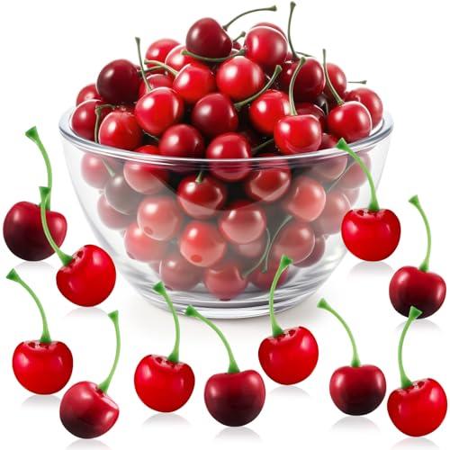 Skylety 80 Pieces Fake Cherries Artificial Cherry Fruit Decorations Simulation Cherry Party Decorations for Cake Decor Home Kitchen Cabinet Photography Prop Cognitive Party Favors (Red and Dark Red)