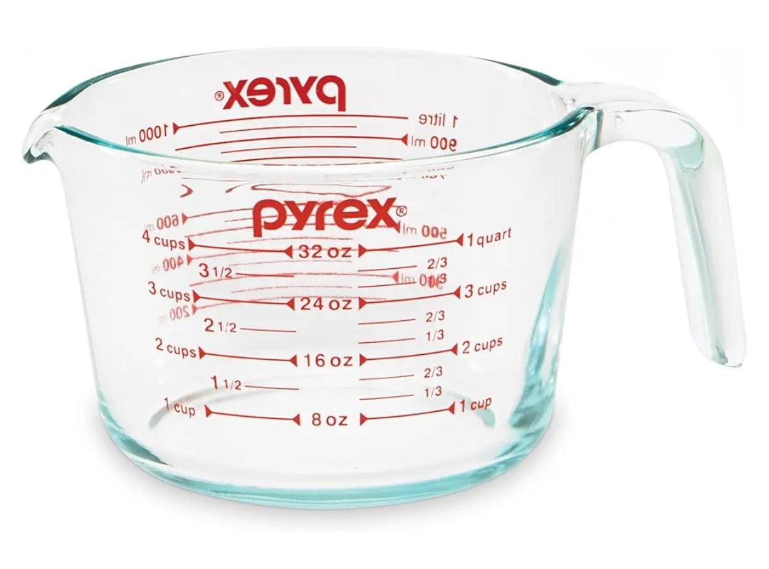 Pyrex 4-Cup Glass Measuring Cup For Baking and Cooking, Dishwasher, Freezer, Microwave, and Preheated Oven Safe, Essential Kitchen Tools