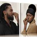 2pcs Funny Black men's and women's bathrooms Canvas Wall Art African Couple Toilet Pinch Nose Wall Decor Pictures Humour Black With A Stinky Posters Prints for Wc Bathroom Decoration Prepare to hang