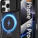 Magnetic Case for iPhone 16 Pro with Ring Stand [Glass Screen Protector] [Compatible with MagSafe] Military Grade Case with Camera Cover, Heavy Duty Shockproof Cover for iPhone 16Pro 6.3 inch, Black