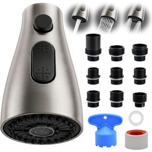 Kitchen Faucet Head Replacement, 3-Function Pull Down Spray Head with 9 Adapters, Compatible with Moen, Delta, American Standard Faucet,etc, Brushed Nickel
