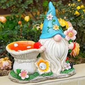 Gnome Statue with Flower Bouquet & Mushroom Bird Feeder Bath - Solar LED Garden Decor, Outdoor Figurine for Yard, Patio, Fairy Lights - Unique Gift