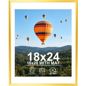 JCJMY 18x24 Picture Frame with 16x20 Mat, Display Photo 16x20 with Mat or 18 x 24 Without Mat, Wall Hanging Large 18 by 24 Poster Frame with Plexiglass, Gold
