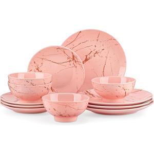 LOVECASA Pink Dinnerware Sets for 4, 12 Piece Porcelain Plates and Bowls Sets, Gold Splash Dish Set, Modern Ceramic Dinner Set, Dishwasher Microwave Safe