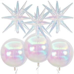 6Pcs Iridescent Foil Balloons,22Inch Clear 4D Round Holographic Ball Balloon and Explosion Star Balloon for Birthday Wedding Baby Shower Prom Party Anniversary Decorations