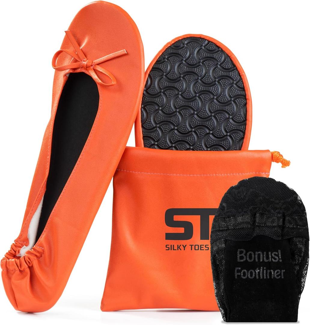 Silky Toes Foldable Flats for Women Purse Ballet Shoes Ballerina Slippers (Large, Orange)