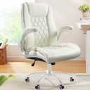 Marsail Executive Office Chair with Flip-up Armrests,PU Leather Ergonomic Desk Chair Height-Adjustable Swivel Rolling Desk Chair (White)