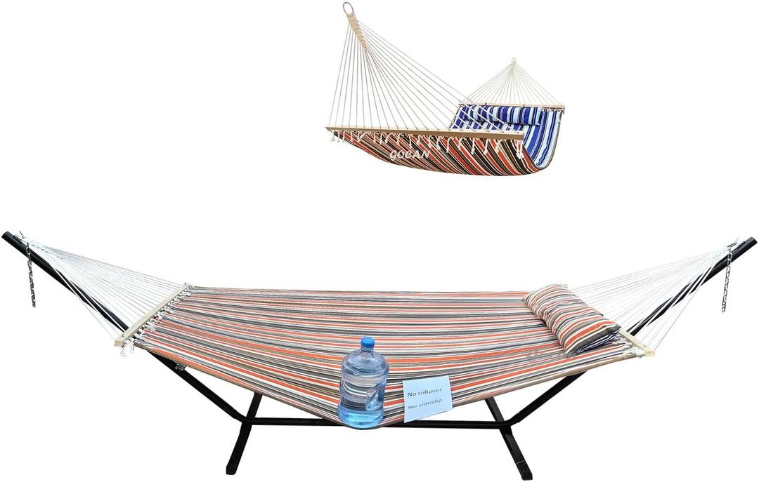 Quilted Fabric Double Hammock Won't flip with Stand and Spreader Bars,Safer and Sturdier,Quality Hammocks for Outdoor Indoor Patio Yard Two Sided Dual use red/Blue (XXXL)