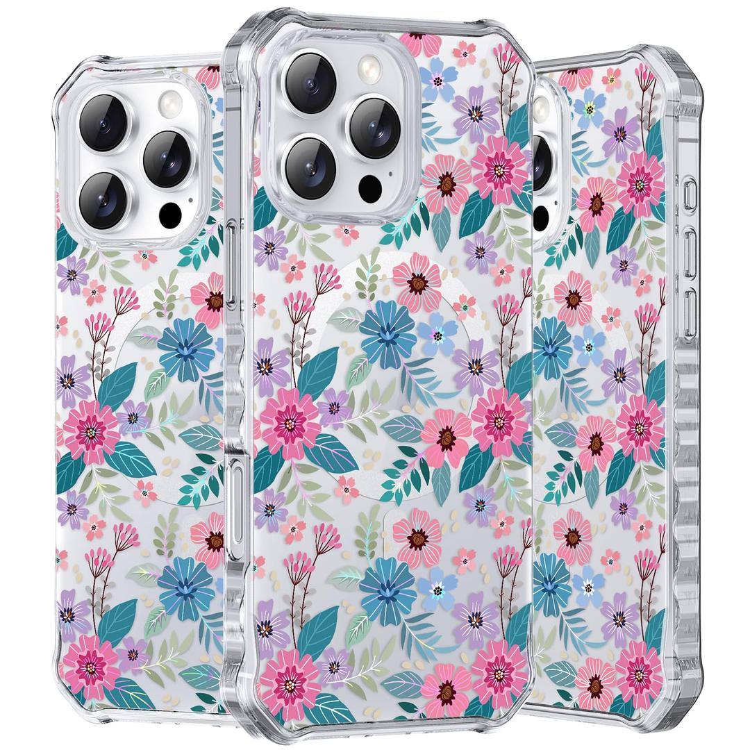 Hocase for iPhone 16 Pro Max Case, with [Curly Wave Edge & Shiny Design] [Compatible with MagSafe] [Reinforced Corners] Slim Fit Shockproof Protective Phone Case - Purple Pink Flowers