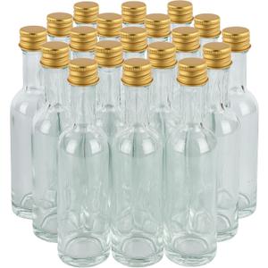 50 ml (1.7oz) 23 Pack, Mini Small Glass Bottles With Leak Proof Air Tight Gold Caps, Aluminum Lids, For Liquor Wine Alcohol Ginger Shots Samples Tequila