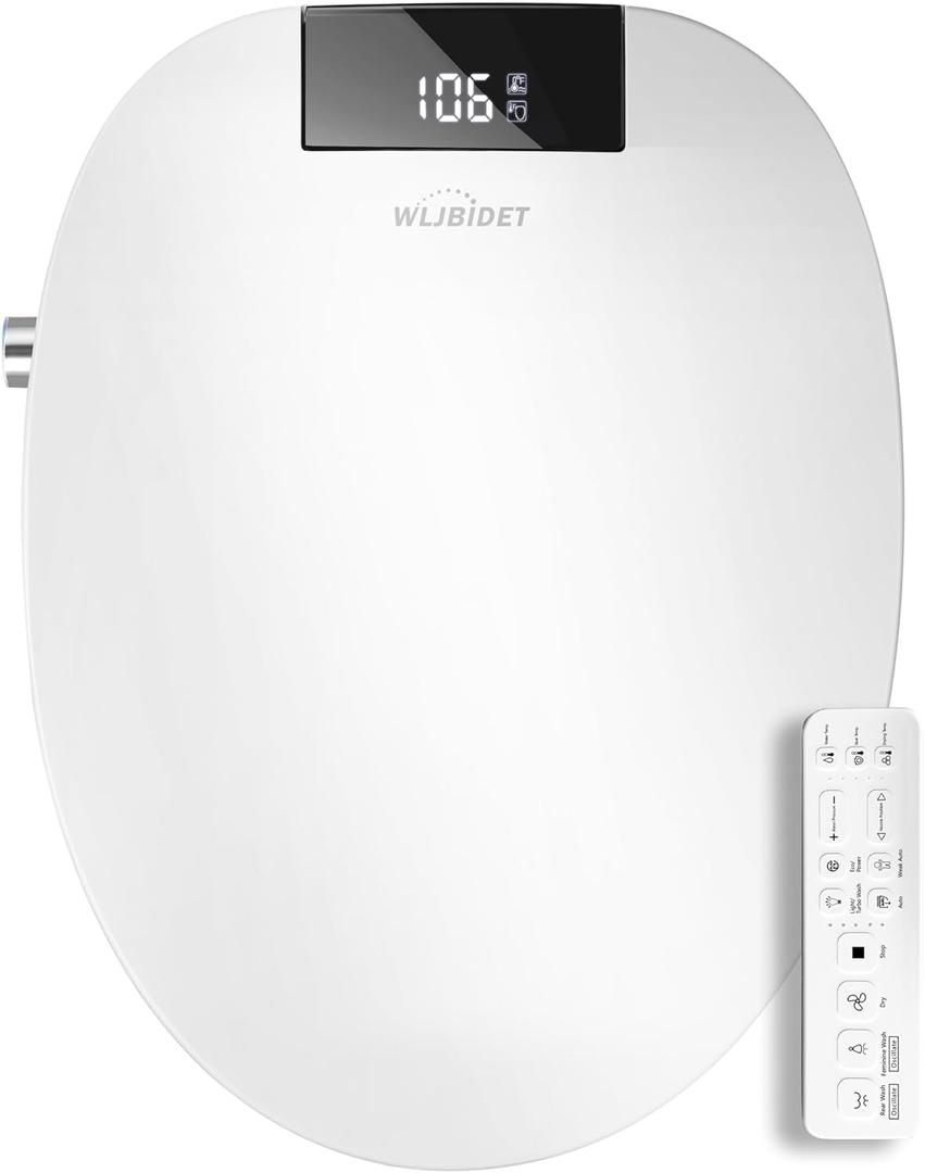 WLJBIDET Bidet Toilet Seat with Remote Control, Electronic Heated Bidet Seat with Adjustable Warm Water and Pressure, Warm Air Drying, Display Screen, Night Light, Slow Closed Toilet Lid, Elongated