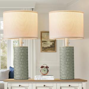 Reaketon Table Lamps for Living Room Set of 2, Ceramic Table Lamps for Bedroom, 20" Modern Lamps for Night Stands, Green