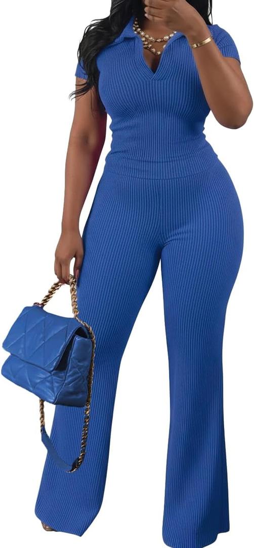 HBQ Women Two Piece Outfit Ribbed Short Sleeve V Neck Polo Top and Flare Pants Casual Lounge Sets Tracksuit, Large Size