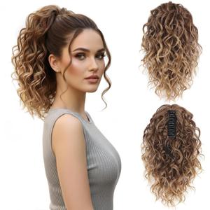 Claw Clip Ponytail Extension - 12 Inch Clip in Ponytail, Curly Pony Tails Hair Extensions, Synthetic Hair Extensions Ponytail, Clip On Ponytails for Women (Color: Light Brown with Blonde Ends)
