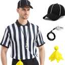 Referee Shirt for Men & Women, 4-Piece Ref Uniform Set with Zipper Collar, Whistle, Hat & Penally Flag for Football & Soccer (Small)