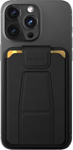 ArtsEvo Magnetic Wallet with Stand and Finger Loop, Up to 3, 000g Magnet Strength, Compatible with iPhone MagSafe Wallet for iPhone 15/ 14/ 13/ 12 Series (Not for 13/ 12 Mini). Max 3 Card Holder (Black)