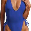 ZAFUL Women Plunging One Piece Swimsuit Backless Cross Tie High Cut Thong One-Piece Bathing Suit (Large, Deep Blue)