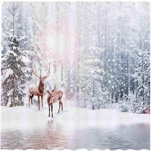 Allenjoy 72x72 inch Winter Theme Merry Christmas Shower Curtain Set Nature Forest Snowy Scenery Deer Bathroom Curtain Durable Waterproof Fabric Bathtub Sets Home Decor