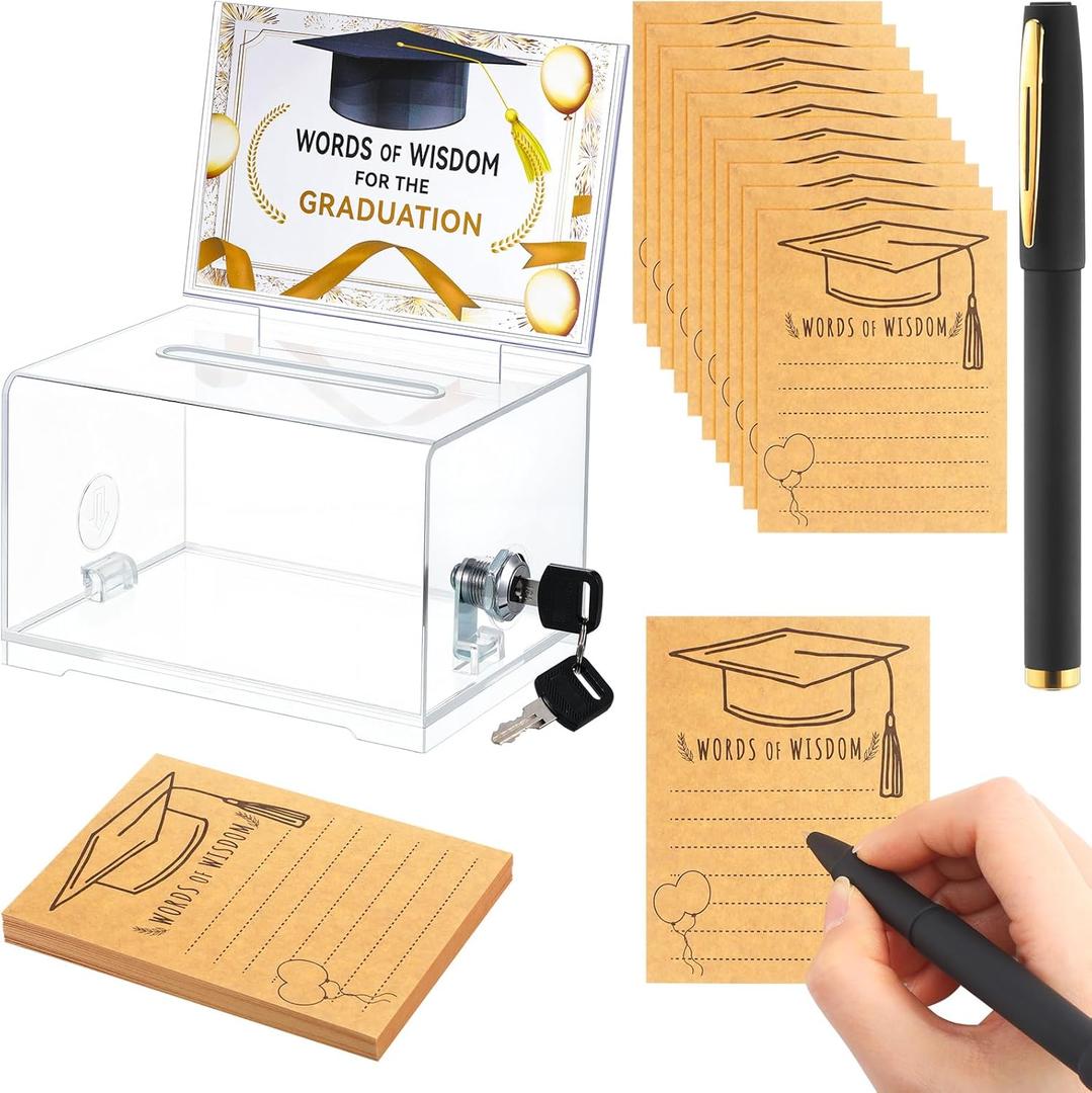 Weysat 63 Pcs Words of Wisdom Graduation Box Acrylic Advice and Wishes Cards Box with Lock Graduation Wishes Jar with Cards and Pen for Graduate Decoration Best Wishes Grad Party Supplies