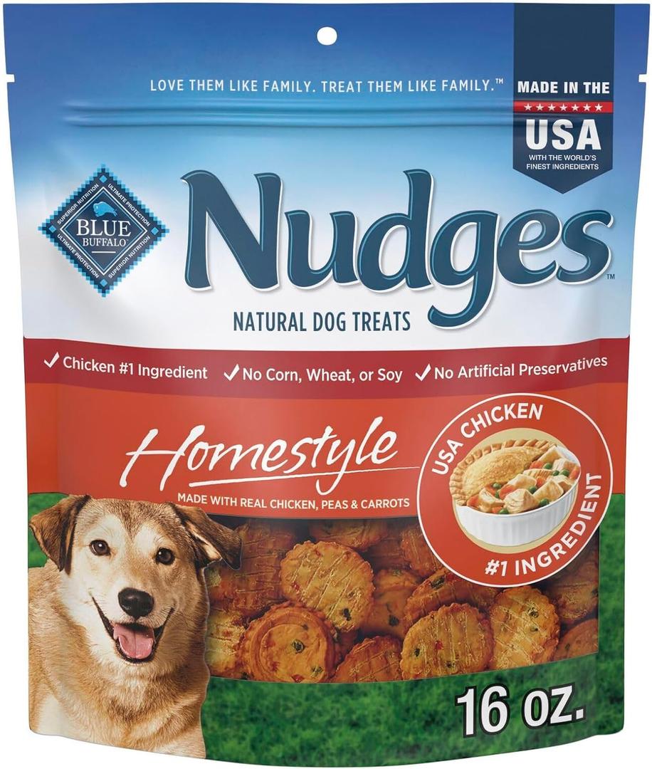 Blue Buffalo Nudges Homestyle Natural Dog Treats, Made in the USA with Real Chicken, Peas, and Carrots, 16-oz. Bag (EXP 08/16/26)