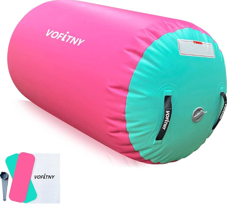 VOFiTNY Gymnastics Tumbling Equipment Air Barrel Inflatable Octagon Tumbler Roller Back-bend Trainer Cheerleading Without Pump (2.6'L x 1.55'D, Pink/Teal No Pump)