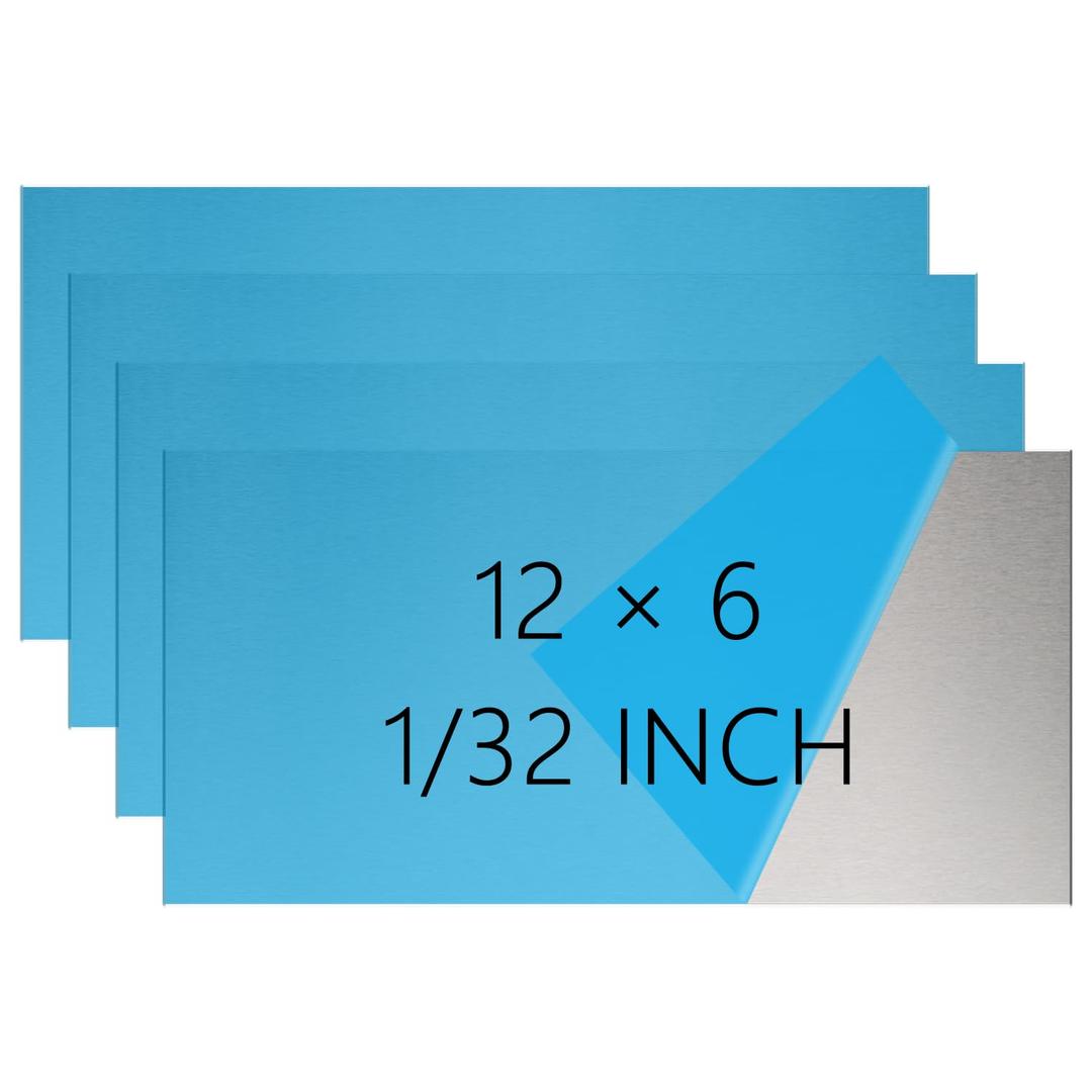 4 Pack 304 Stainless Steel Sheets Metal, 12" x 6" x 1/32" (0.8MM) Sheet Metal, Food Grade Steel Plate Perfect for DIY, Kitchen & Crafts, Corrosion Resistant for Automotive & HVAC