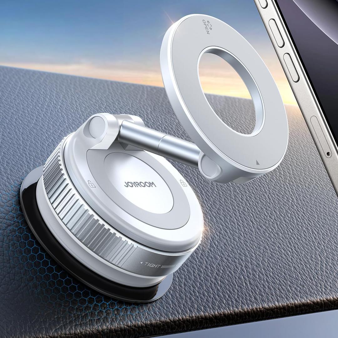 JOYROOM Magsafe Car Mount, Vacuum Car Phone Mount with Strong Magnetic, 360 Metal Strut Suction Cup Phone Mount for iPhone 17 Pro Max/16 15 14 13 12 Series& Android Magsafe Case, White