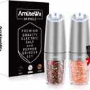 AmuseWit Gravity Electric Salt and Pepper Grinder Set [White Light] - Battery Operated Automatic Pepper and Salt Mills,Adjustable Coarseness,One-Handed Operation,Stainless Steel (Set of 2, Battery Operated - Stainless Steel)