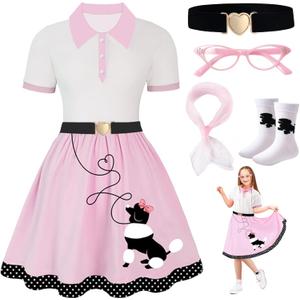 PARTTELY Poodle Skirt, 50s Outfit for Girls, 5PC 1950's Sock Hop Costume with Glasses,Waistband,Scarf and Sock for Halloween Pink Poodle Skirt, 9-10Y