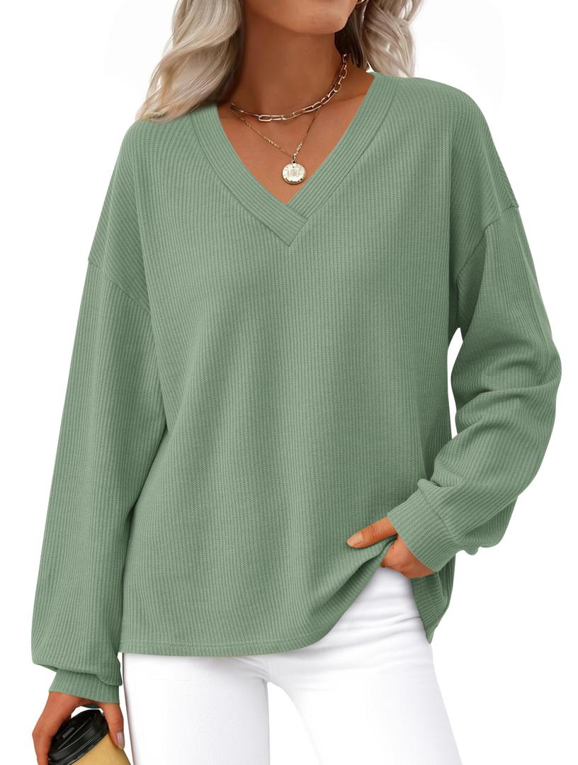 MASCOMODA Womens Tops Casual V Neck Waffle Knit Long Sleeve Shirts Trendy Loose Tunic Pullover Work Blouses Fall Outfits(Green,Medium) (Green, M)