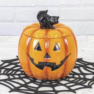 One Holiday Way 7-Inch Orange Ceramic Jack-o-Lantern Halloween Cookie Jar or Candy Dish Bowl with Black Cat Lid - Pumpkin Tabletop Fall Kitchen Storage