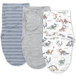 SwaddleMe by Ingenuity Monogram Collection Baby Swaddle, 100% Cotton, Improves Sleep & Calms Startle Reflex, 0-3 Months, Pocket Fold Design for Easy Changes, 1.0 TOG, 3-Pack - Dino Mite
