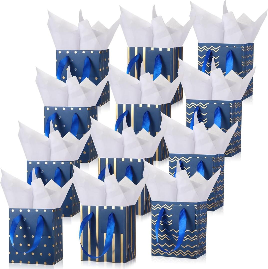 Tenare 12 Pcs Small Gift Bags Mini Metallic Paper Bag Bulk Tiny with Handle Tissue Paper for Gift Wrap Father's Day Birthday Grad Graduation Party(7 x 4 x 9 Inch,Navy Blue Gold)