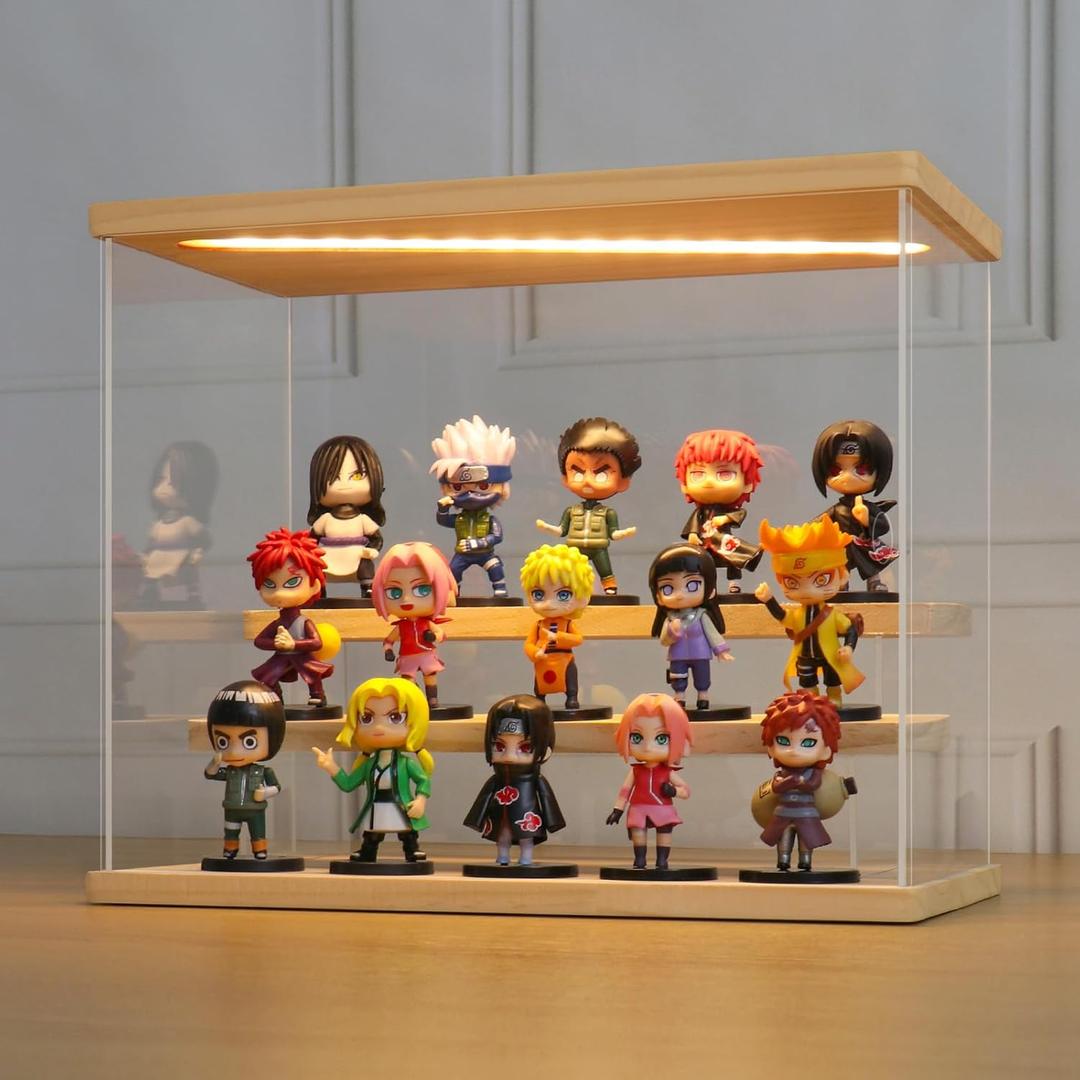 LANSCOERY LED Lighted Acrylic Display Case, 3 Tier Display Box for Collectibles and Action Figures, Clear Dustproof Organizer with Wooden Base  11.8x6.3x9.4inch