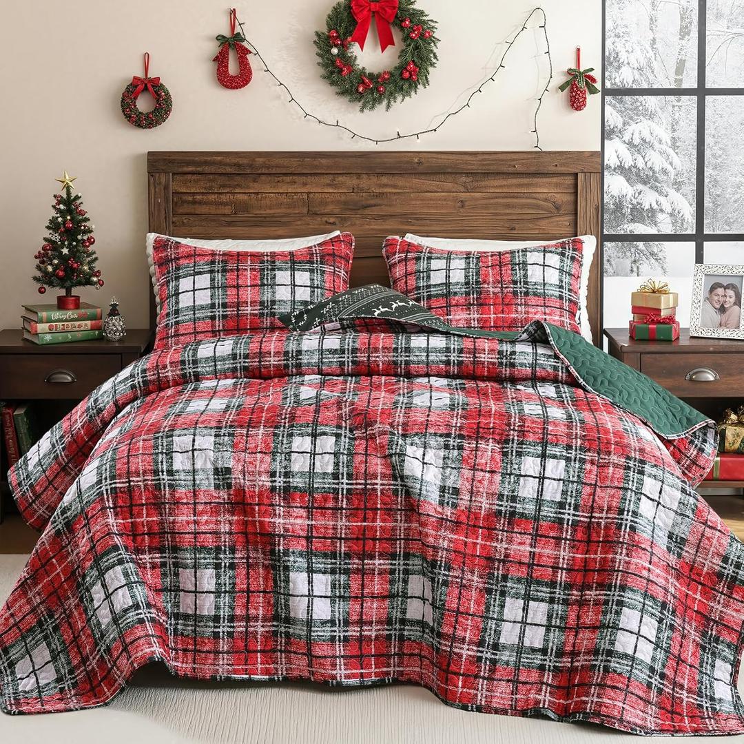 FROZZUR Christmas Quilt Set King Size - Red Plaid Lightweight Winter Quilted Bedspread - Soft Patchwork Christmas Bedding for Gift, Cozy Holiday Bedroom Dcor
