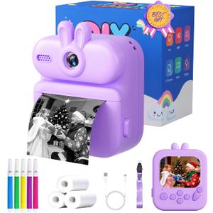 Instant Print Camera for Kids: Gleeglee 1080P Kids Camera Instant Print - 32G SD Card - Lanyard - Christmas Birthday Gifts for Girls Boys - Portable Toy for 3 4 5 6 7 8 9 10 Years Old, Purple Rabbit
