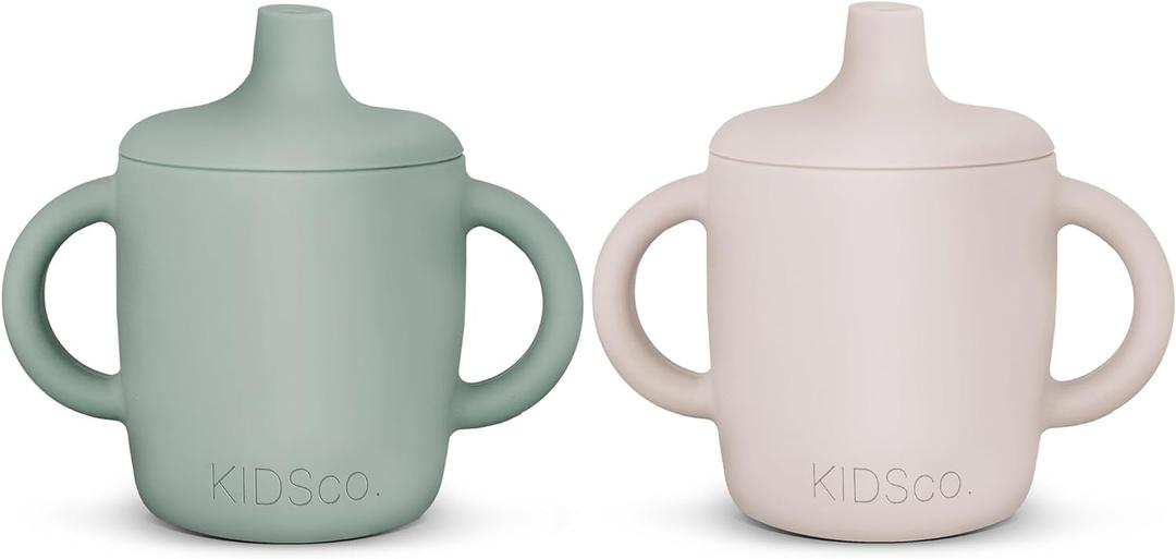 KIDSco. Silicone Sippy Cups (2 Pack)  Soft Spout & Easy Grip Handles for Babies 6+ months, Plastic Free, Toxic Free Silicone, Leak-Resistant, Dishwasher Safe (Green and Sandy Shore)