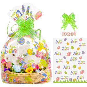 WeDoSoy 10 Pcs Easter Basket Bags, 22x32 Inch Large Cellophane Bags with 10 Pcs Pull Bow - Cello Basket Bag Easter Egg Pattern Wrap Bag, Cellophane Wrapping for Gift Packaging Party Decorations