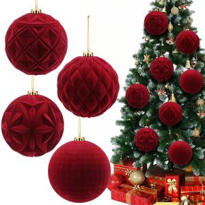 Menkxi 4 Pcs Burgundy Large Velvet Christmas Ball Ornaments 6 Inch Flocked Christmas Tree Decorations Plastic Red Xmas Hanging Ornaments for Holiday Party Decorations