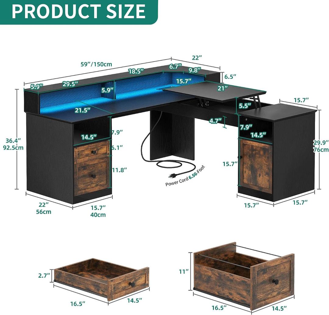 DWVO L Shaped Desk with Drawers, 60" Corner Computer Desk with Power Outlets & Lift Top, Home Office Desk with Storage Cabinet & LED Lights, Height Adjustable Desk, Black & Brown, 59" x 59" x 36.4"